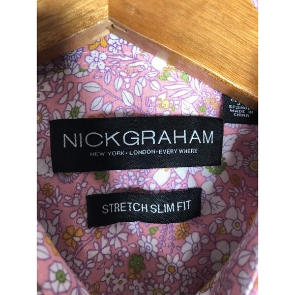 Nick Graham Stretch Slim Fit Medium Long Sleeve Button Pink Floral Shirt - Picture 7 of 10